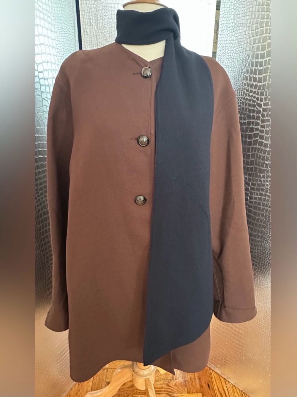 Louis Feraud Vintage Brown Button-Front Coat Built-in Two Tone Black Brown Scarf